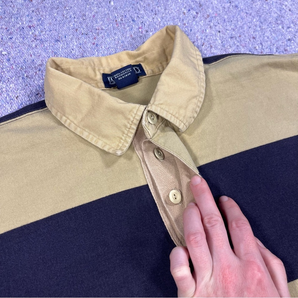 Land's End Navy Tan Striped Rugby Shirt Size Large - Picture 4 of 11